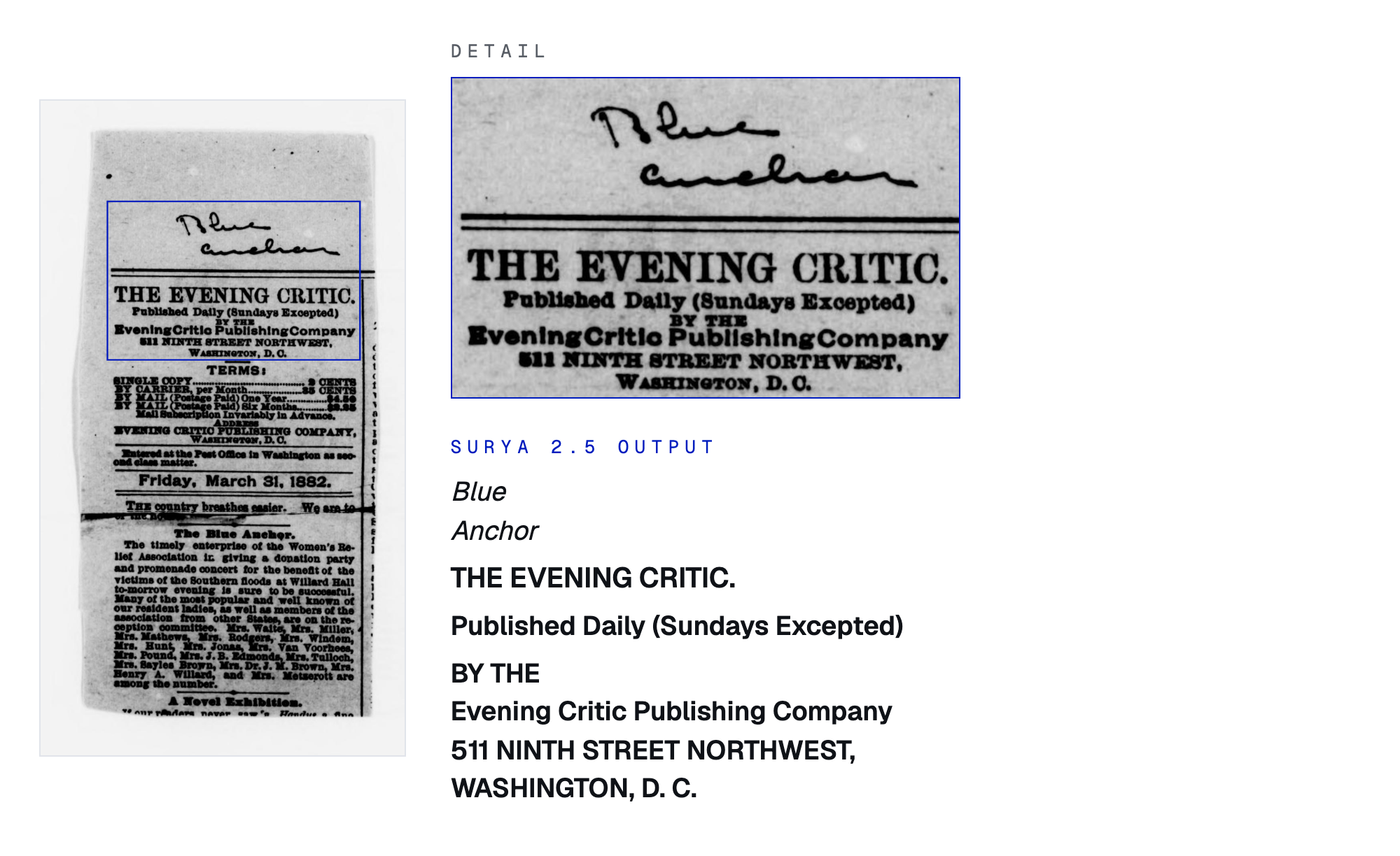 A scanned clipping of The Evening Critic, Washington, March 31, 1882, with its masthead outlined. The detail shows a handwritten note reading Blue Anchor above the masthead. The Surya 2.5 output reads: Blue Anchor; THE EVENING CRITIC.; Published Daily (Sundays Excepted); BY THE Evening Critic Publishing Company, 511 NINTH STREET NORTHWEST, WASHINGTON, D. C.